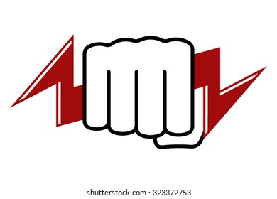 Stylized tight fist holds lightning. Power and energy icon