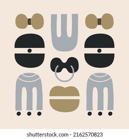 Stylized Tiki totem face. Flat vector illustration of abstract shapes. Traditional ritual or ceremonial African, Hawaiian or Aztec mask. Cartoon colorful poster, card. God, idol face.