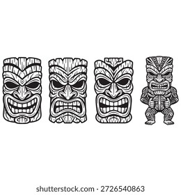 Stylized Tiki Totem Head Vector Set Ands Tribal Tattoo Style