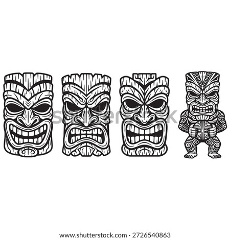 Stylized Tiki Totem Head Vector Set Ands Tribal Tattoo Style