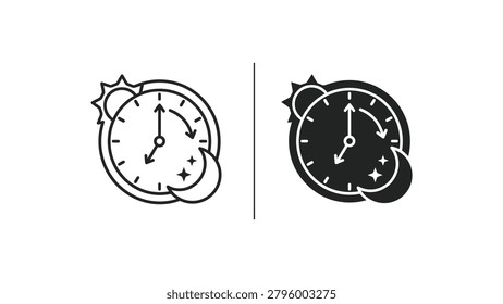 A stylized timer icon showing time running out, with a sun and cloud design on both sides. Clean and modern vector style for web and app use.