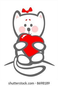 Stylized timid kitten with heart on a white background. Valentines illustration.