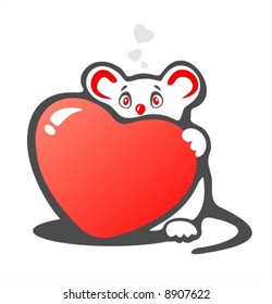 Stylized timid mouse with heart on a white background. Valentines illustration.