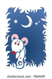 Stylized timid mouse on a dark blue ornate background. Digital illustration.