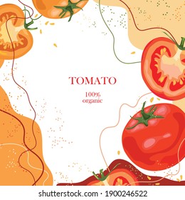 Stylized tomatoes on an abstract background. Red and yellow tomatoes. Banner, poster, wrapping paper, sticker, print, modern textile design. Vector illustration. 