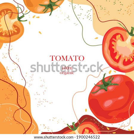 Stylized tomatoes on an abstract background. Red and yellow tomatoes. Banner, poster, wrapping paper, sticker, print, modern textile design. Vector illustration. 