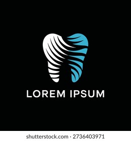 A stylized tooth logo featuring zebra-like black and white stripes on the left and teal on the right, set against a solid black background with Lorem Ipsum text below