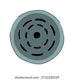 Ilustración estilizada de arriba hacia abajo de una boca de inspección redonda o cubierta de drenaje con orificio central y respiraderos oscuros curvos, gráfico plano que simboliza la ventilación, el drenaje y la infraestructura urbana