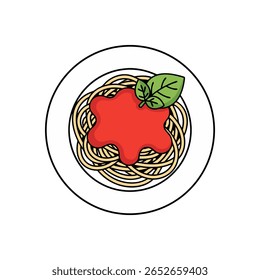 Uma ilustração estilizada, de cima para baixo, de espaguete com molho vermelho e uma folha de manjericão em uma placa branca. O design simples e limpo é perfeito para gráficos e menus relacionados à alimentação.