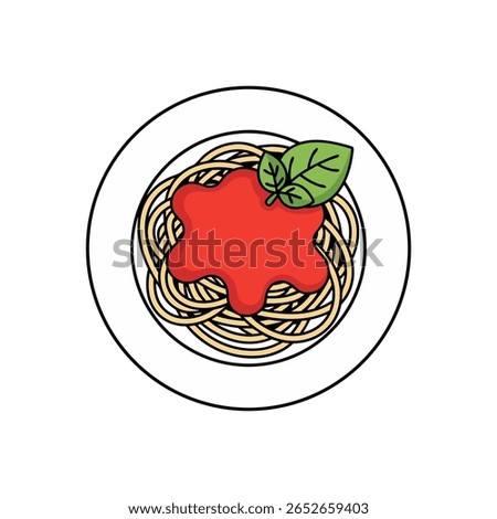 A stylized, top-down illustration of spaghetti with red sauce and a basil leaf on a white plate. The simple, clean design is perfect for food-related graphics and menus.