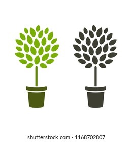 Stylized topiary tree in pot. Simple logo design, color and black and white. Houseplant or gardening vector illustration.