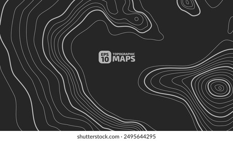 Stylized topographic contour height in lines and contours. The concept of a conventional geographical scheme and route of the area. White on a gray background. Vector illustration.
