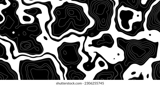 Mapa de contorno topográfico estilizado. Alivio geográfico oscuro de las montañas negras. Líneas abstractas en fondo ondulado. Ilustración vectorial.