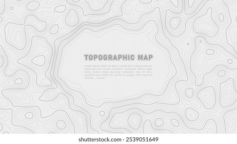 Mapa de contorno topográfico estilizado. Alívio geográfico das montanhas. Linhas abstratas ou fundo ondulado. Conceito de cartografia, topologia ou caminho do terreno. Ilustração vetorial com traçado editável