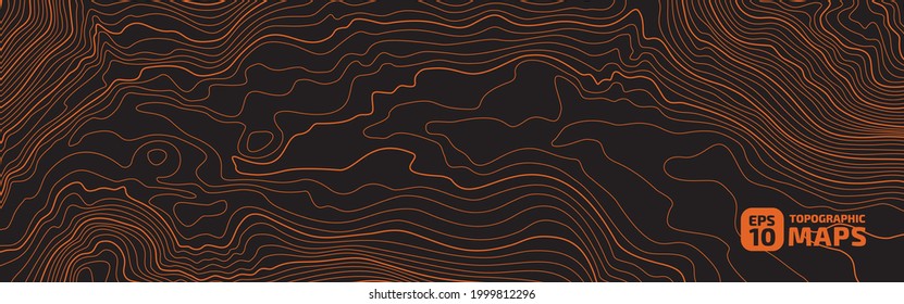 The stylized topographic line contours. The concept of a conditional geography scheme and the path terrain. Orange on black. Ultra wide size. Vector illustration.
