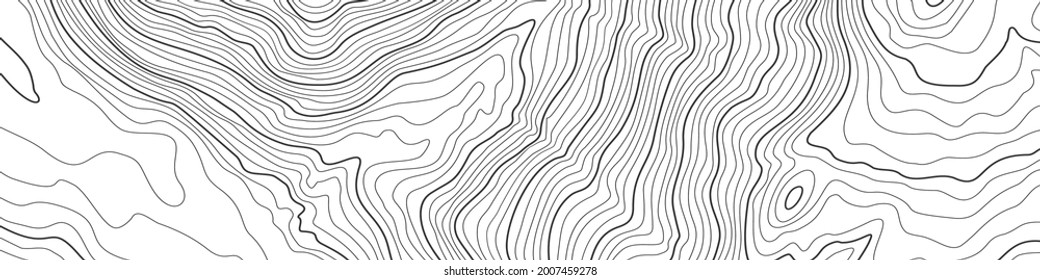The stylized topographic map in line contours. The concept of a conditional geography scheme and the path terrain. Black on White. Ultra wide size 4:1. Isolated Object. Vector illustration.