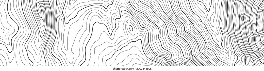 The stylized topographic map in line contours. The concept of a conditional geography scheme and the path terrain. Black on White. Ultra wide size 4:1. Isolated Object. Vector illustration.