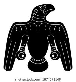 Stylized totem bird. Eagle or raven. Black and white silhouette. Permian animal style from ancient Siberia.