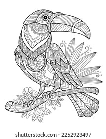 Stylisierter Toucan Vogel mit Blumen. Handgezeichnete Skizze, schwarze Kontur, Vektorgrafik. Für Erwachsene-Antistress-Farbseiten, Print-, Design-, Deko-, T-Shirt-, Emblem-, Logo- oder Tätowierungselemente