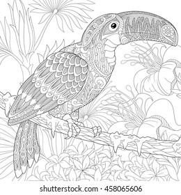 Stylized toucan bird sitting on palm tree branch among hibiscus flowers.
Freehand sketch for adult anti stress coloring book page with doodle and zentangle elements.