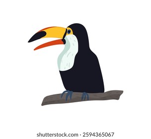 Stylized toucan with a large orange beak sitting on a tree branch, isolated on a white background.