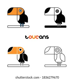 Stylized toucan logotype vector illustration. Simplified birds shapes and text. Set of logo templates