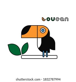 Stylized toucan on branch with leaves. Logotype vector illustration. Simplified bird shape and text