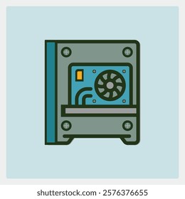 Stylized Tower PC Icon with Visible Internal Fan, Components and Screws Minimalist Design