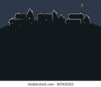Stylized Town at Night. With illuminated outlines, windows, doors, stars and moon, shadows. Can be used as a header for web page, advertisement, card, invitation, poster, Halloween theme etc. Eps 10
