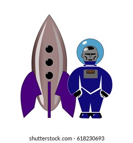 Stylized toy blue astronaut with a rocket. Vector illustration isolated on white background.
