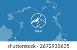 A stylized trail map illustration featuring a mountain range logo and a winding path, ideal for outdoor adventure or travel-themed designs.