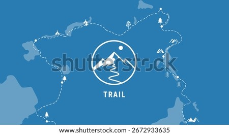 A stylized trail map illustration featuring a mountain range logo and a winding path, ideal for outdoor adventure or travel-themed designs.