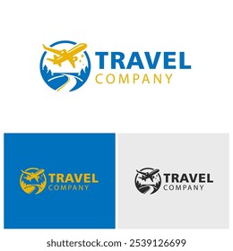 Logotipo estilizado de viagem com um avião voando sobre uma estrada sinuosa com árvores e montanhas, envolto em um círculo. Ideal para marcas de viagem e aventura.