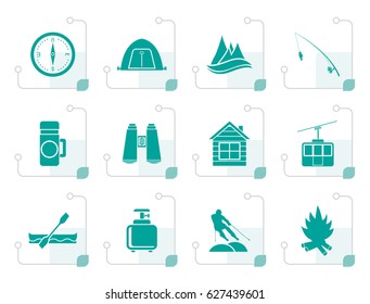Stylized travel, Tourism, vacation and mountain objects - vector illustration