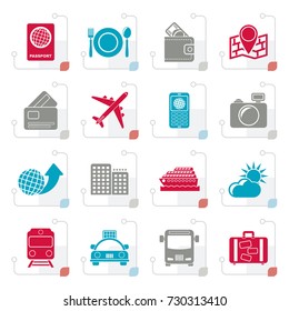 Stylized travel, transportation and vacation icons - vector icon set