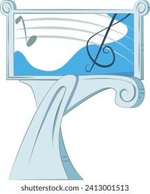 Stylized treble clef on blue ocean wave background, classic music stand. Abstract music concept, melody symbol, sea swirls vector illustration.