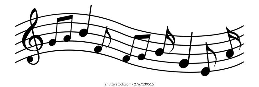 Stylized treble staff with flowing curves, large treble clef, and scattered black notes forming a dynamic musical wave. Vector illustration