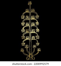 Stylized tree. Ancient Assyrian geometrical floral design. Hand drawn linear doodle rough sketch. Golden silhouette on black background.