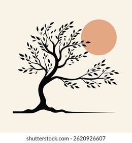 stylized tree with bird and pointed leaves illustration