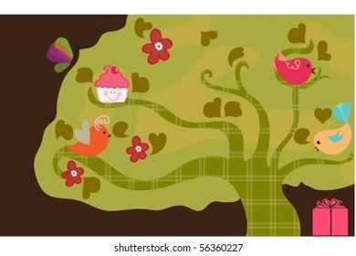 stylized tree with birds and cute stuff