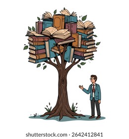 A stylized tree with books instead of leaves, standing in front of a man in business attire.