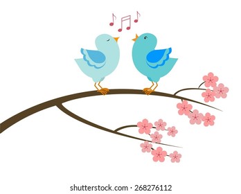 A stylized tree branch in bloom with a couple of singing birds. Vector illustration.