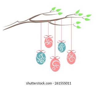 A stylized tree branch decorated with blue and pink Easter eggs, in tender pastel colors. Vector illustration for Easter cards and invitations.