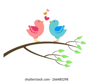 A stylized tree branch decorated with a couple of birds in love. Vector illustration.