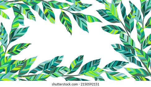 Stylized Tree Branch Frame With Green Leaves Summer Vector Illustration. Abstract Botany Tree Branch Foliage Greenery, Stylized Leaves With Vivid Texture. Eucalyptus Organic Design Border Frame.