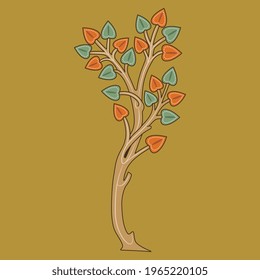 Stylized tree or branch with leaves. Medieval folk style. Isolated vector illustration. On yellow gold background.