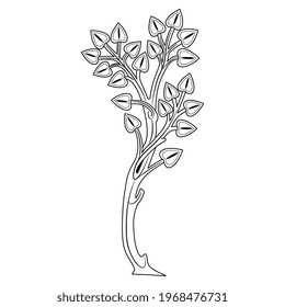 Stylized tree or branch with leaves. Medieval folk style. Black and white linear silhouette.