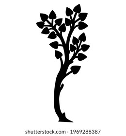 Stylized tree or branch with leaves. Medieval folk style. Black silhouette on white background.