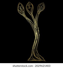 Stylized tree or branch. Medieval illuminated manuscript floral motif. Hand drawn linear doodle rough sketch. Golden glossy silhouette on black background.