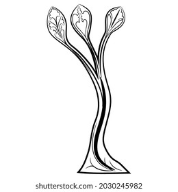 Stylized tree or branch. Medieval illuminated manuscript floral motif. Black and white silhouette.